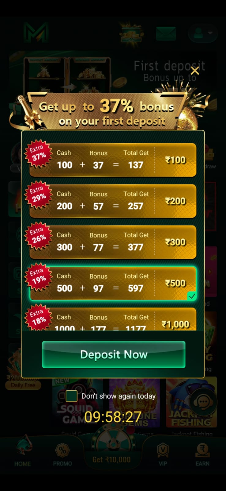 M77 online gaming interface on mobile app